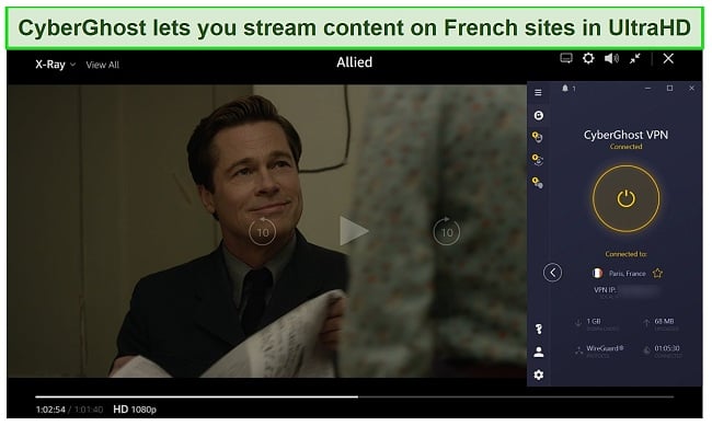 Screenshot of CyberGhost unblocking Allied on Amazon Prime Video in France