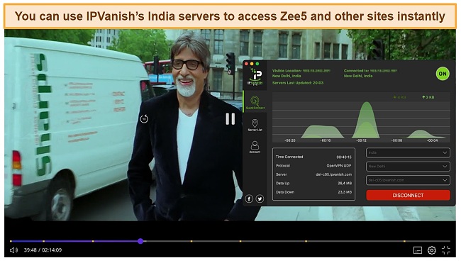 Screenshot of IPVanish unblocking Zee5