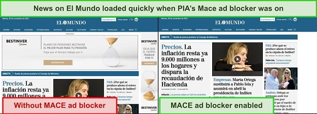 Screenshot of PIA MACE removing ads on news site