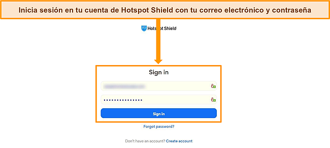 Captura de pantalla de la pantalla de inicio de sesión de Hotspot Shield.