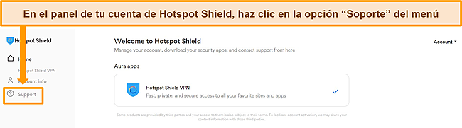 Captura de pantalla del tablero de la cuenta de Hotspot Shield con la opción Soporte resaltada.