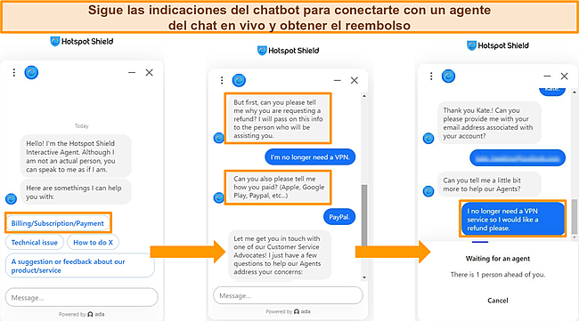 Captura de pantalla de las interacciones del chatbot de Hotspot Shield.