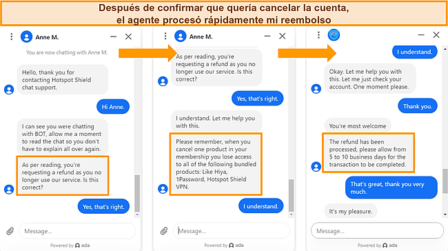 Captura de pantalla del agente de chat en vivo procesando un reembolso de servicio para Hotspot Shield.