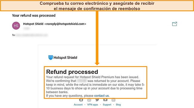 Captura de pantalla de un correo electrónico de confirmación de reembolso de Hotspot Shield.