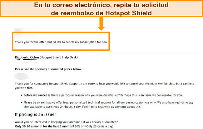 Captura de pantalla del formulario de ticket de correo electrónico de Hotspot Shield para reembolso.