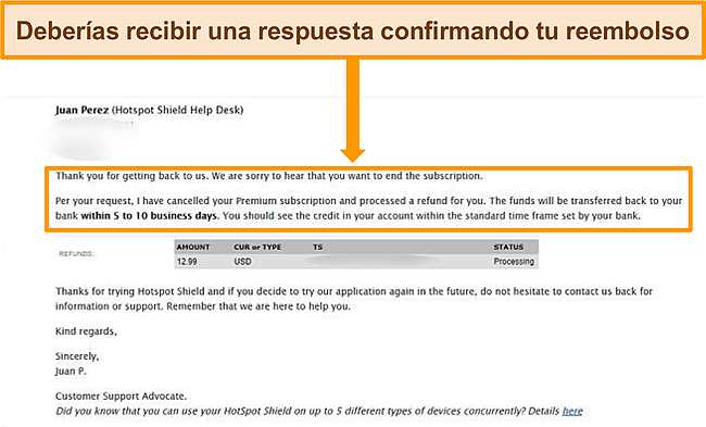 Captura de pantalla del correo electrónico de confirmación de reembolso de Hotspot Shield.
