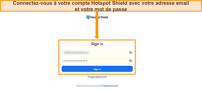 Capture d'écran de l'écran de connexion de Hotspot Shield.