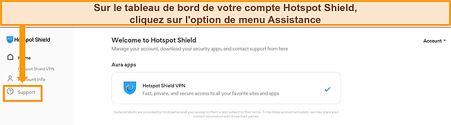 Capture d'écran du tableau de bord du compte de Hotspot Shield avec l'option Support en surbrillance.