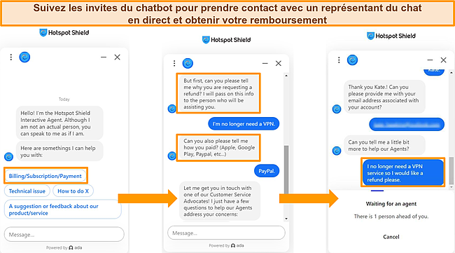 Capture d'écran des interactions du chatbot de Hotspot Shield.