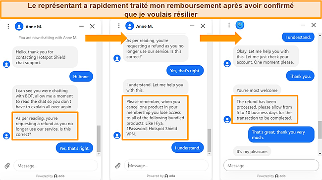 Capture d'écran d'un agent de chat en direct traitant un remboursement de service pour Hotspot Shield.