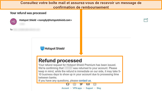 Capture d'écran d'un e-mail de confirmation de remboursement de Hotspot Shield.