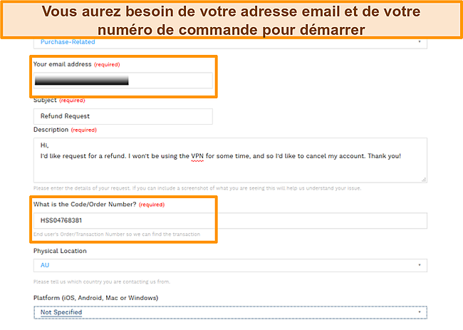 Capture d'écran du formulaire de ticket par e-mail Hotspot Shield pour remboursement.