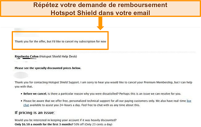 Capture d'écran du formulaire de ticket par e-mail Hotspot Shield pour remboursement.