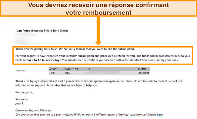 Capture d'écran de l'e-mail de confirmation de remboursement Hotspot Shield.