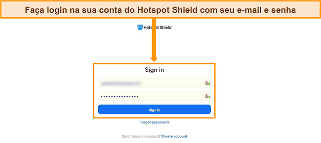 Captura de tela da tela de login do Hotspot Shield.