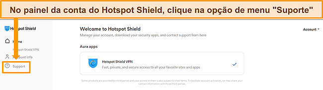 Captura de tela do painel da conta do Hotspot Shield com a opção Suporte destacada.