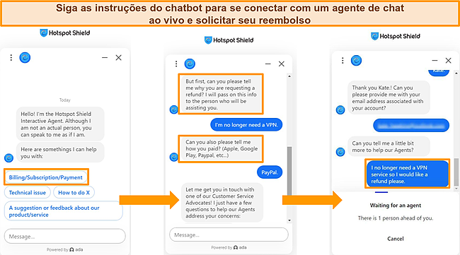 Captura de tela das interações do chatbot do Hotspot Shield.