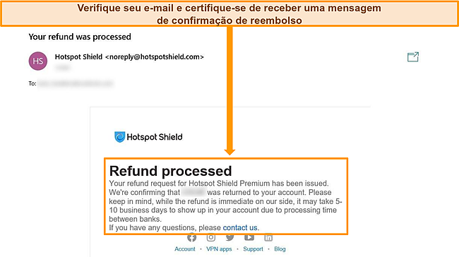 Captura de tela de um e-mail de confirmação de reembolso do Hotspot Shield.