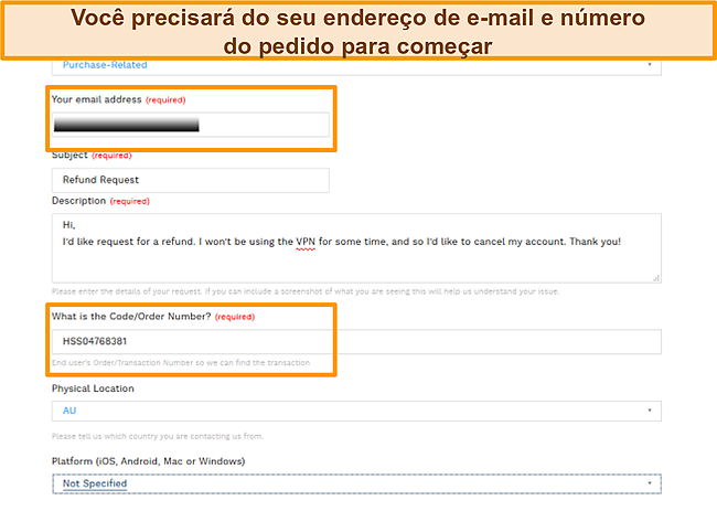 Captura de tela do formulário de ticket de e-mail do Hotspot Shield para reembolso.