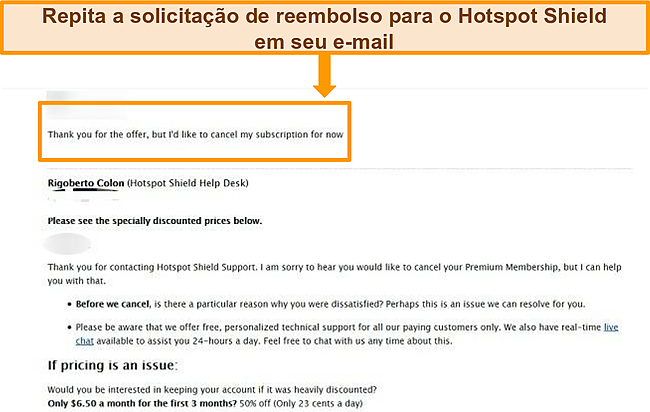 Captura de tela do formulário de ticket de e-mail do Hotspot Shield para reembolso.