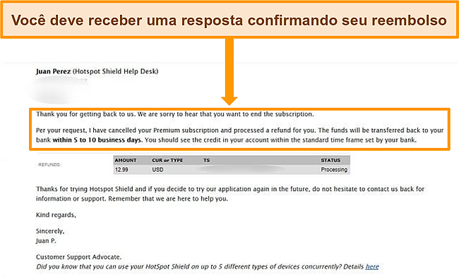 Captura de tela do e-mail de confirmação de reembolso do Hotspot Shield.