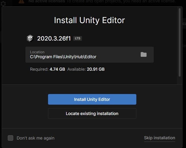 Unity installation options screenshot