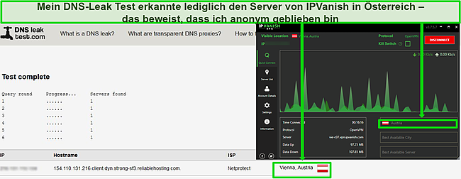 Screenshot eines bestandenen DNS-Leak-Tests, während IPVanish mit einem Server in Österreich verbunden ist.