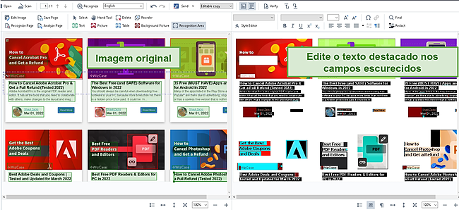 Captura de tela da visualização lado a lado da imagem carregada e do texto editável.