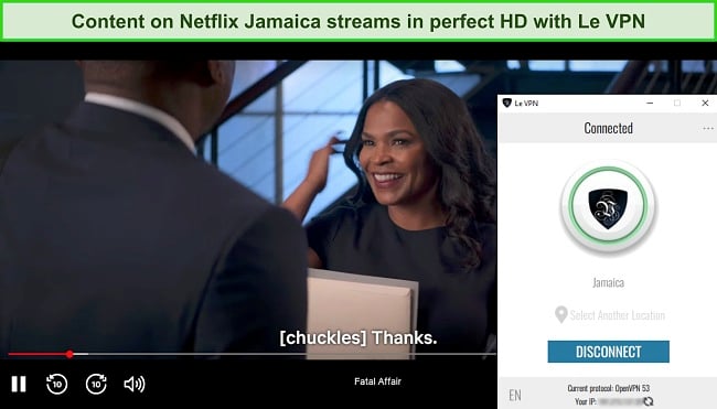 Screenshot of Netflix Jamaica streaming in HD while Le VPN is connected to a server in Jamaica