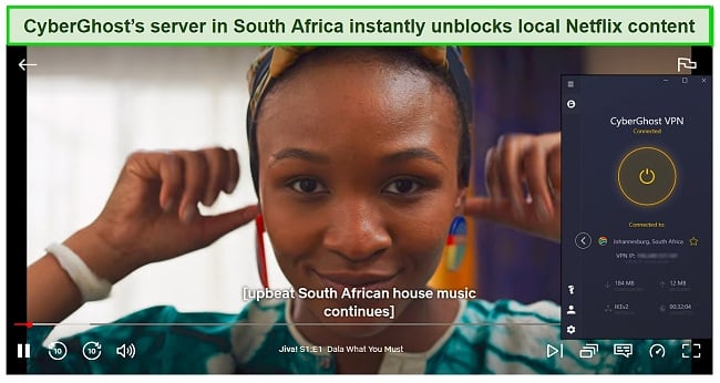 Screenshot of Jiva! streaming on Netflix while CyberGhost is connected to a server in South Africa