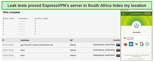 Screenshot of a successful DNS leak test while ExpressVPN is connected to a server in South Africa