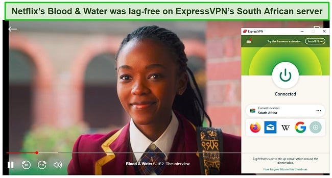 Screenshot of Blood & Water streaming on Netflix while ExpressVPN is connected to a server in South Africa