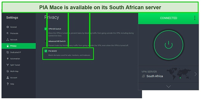 Screenshot of PIA Mace activated in the settings menu while PIA is connected to a server in South Africa