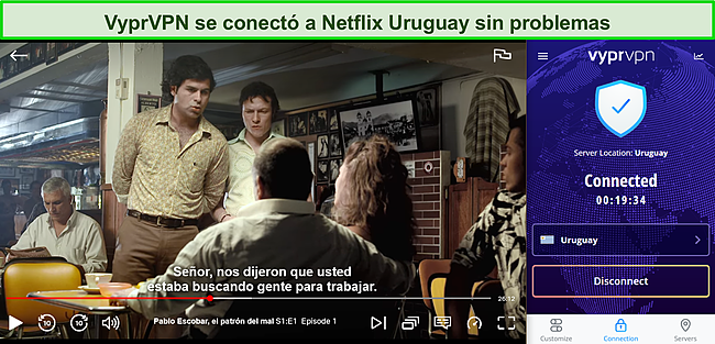 Captura de pantalla de VyprVPN transmitiendo a Pablo Escobar en Netflix Uruguay.