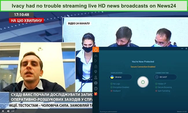 Screenshot of a live news broadcast on 24News while Ivacy is connected to a server in Ukraine