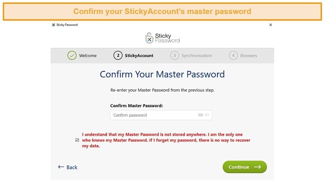 Confirming StickyAccount master password