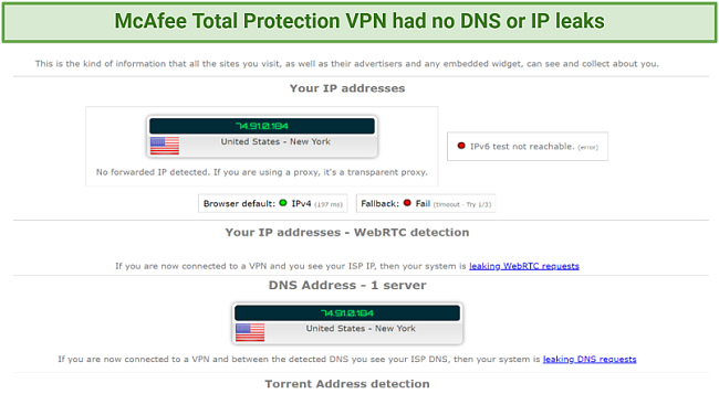 Я проверил McAfee VPN на утечки - нет обнаруженного