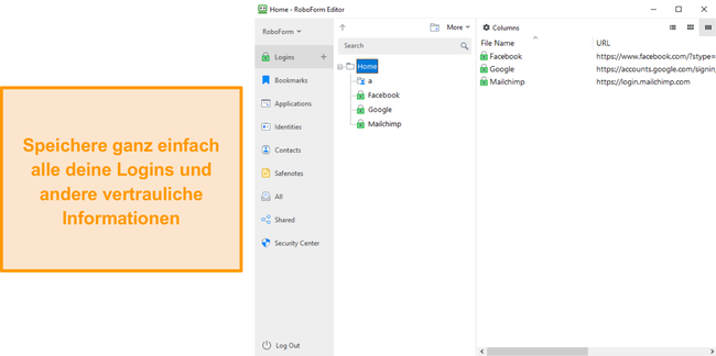 Screenshot der Windows-App von RoboForm, die Daten speichert.