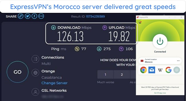 A screenshot of speed test results performed on Ookla while the tester is connected to the ExpressVPN Morocco server.