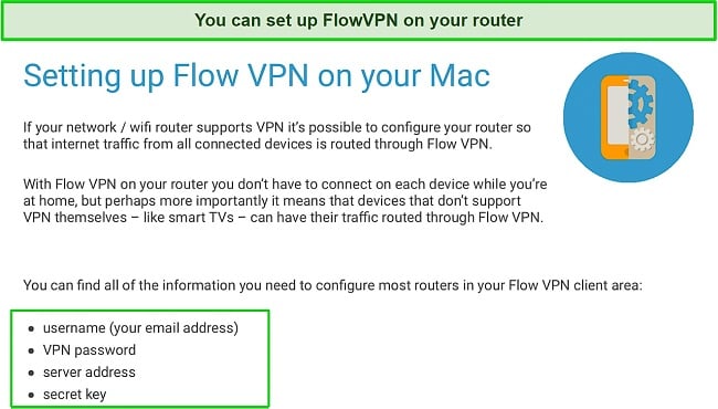 Screenshot of FlowVPN's support page, showing it is compatible with routers