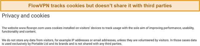 Screenshot of FlowVPN's privacy policy regarding tracking cookies