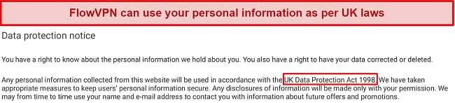 Screenshot of FlowVPN's privacy policy, stating it may use personal information