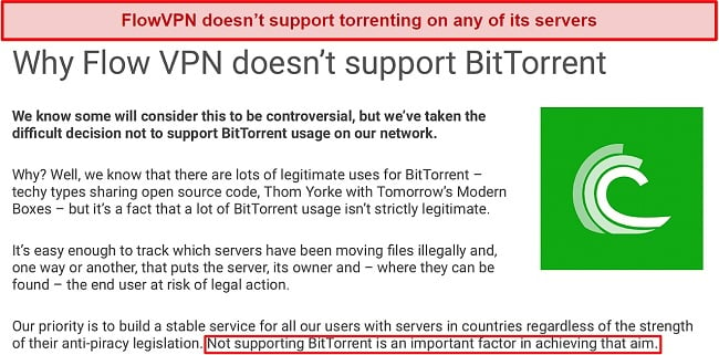 Screenshot of FlowVPN's website stating that it doesn't support torrenting on its servers