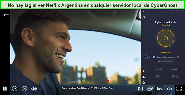 Captura de pantalla de la transmisión Confidencial de Boca Juniors en Netflix Argentina mientras CyberGhost está conectado a un servidor en el país.