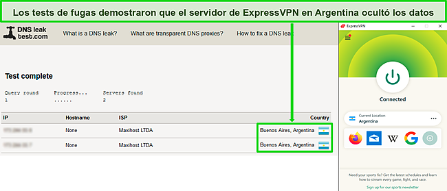 Captura de pantalla de una prueba de DNS que muestra 2 servidores en Argentina mientras ExpressVPN está conectado.