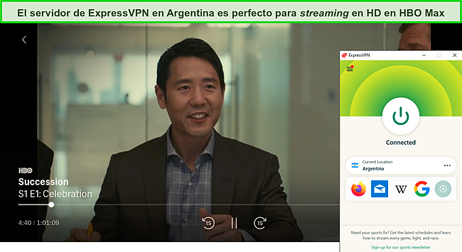 Captura de pantalla de transmisión de Sucesión en HBO Max mientras ExpressVPN está conectado a un servidor en Argentina.