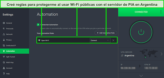 Captura de pantalla de la pantalla de configuración de automatización de conexión de PIA mientras PIA está conectado a un servidor en Argentina.