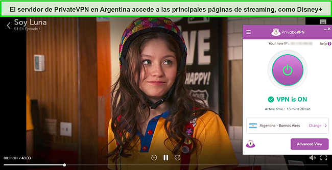 Captura de pantalla de Soy Luna jugando en Disney+ mientras PrivateVPN está conectado a un servidor en Argentina.