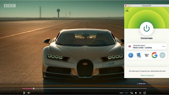 Ejemplo de ExpressVPN trabajando con la biblioteca BBC iPlayer