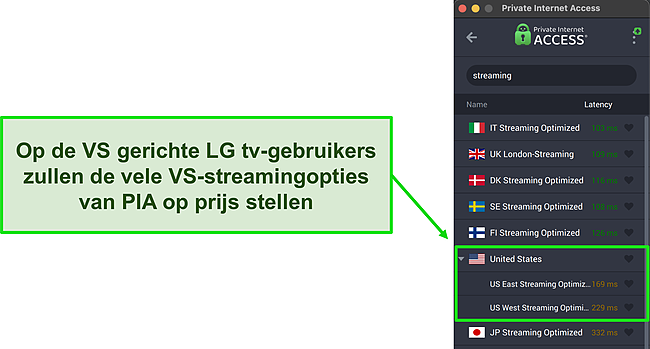 Screenshots van de geoptimaliseerde streamingservers van Private Internet Access met een focus op de VS.